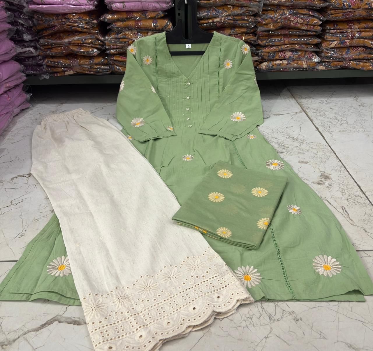 Green Cotton Embroidered Kurti Set with Dupatta